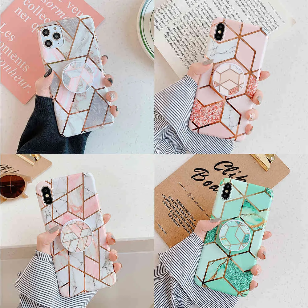 Electroplated Marble Phone Cases For Samsung Galaxy A21S S20 S10 S9 Plus Note 20 Kickstand Folded Holder Soft Back Cover