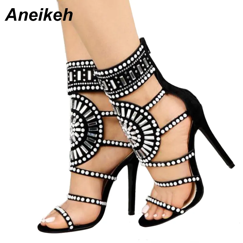 Aneikeh kvinnor mode öppen tå rhinestone design högklackande sandaler kristall ankel wrap glitter diamant gladiator svart storlek 35-42 k78