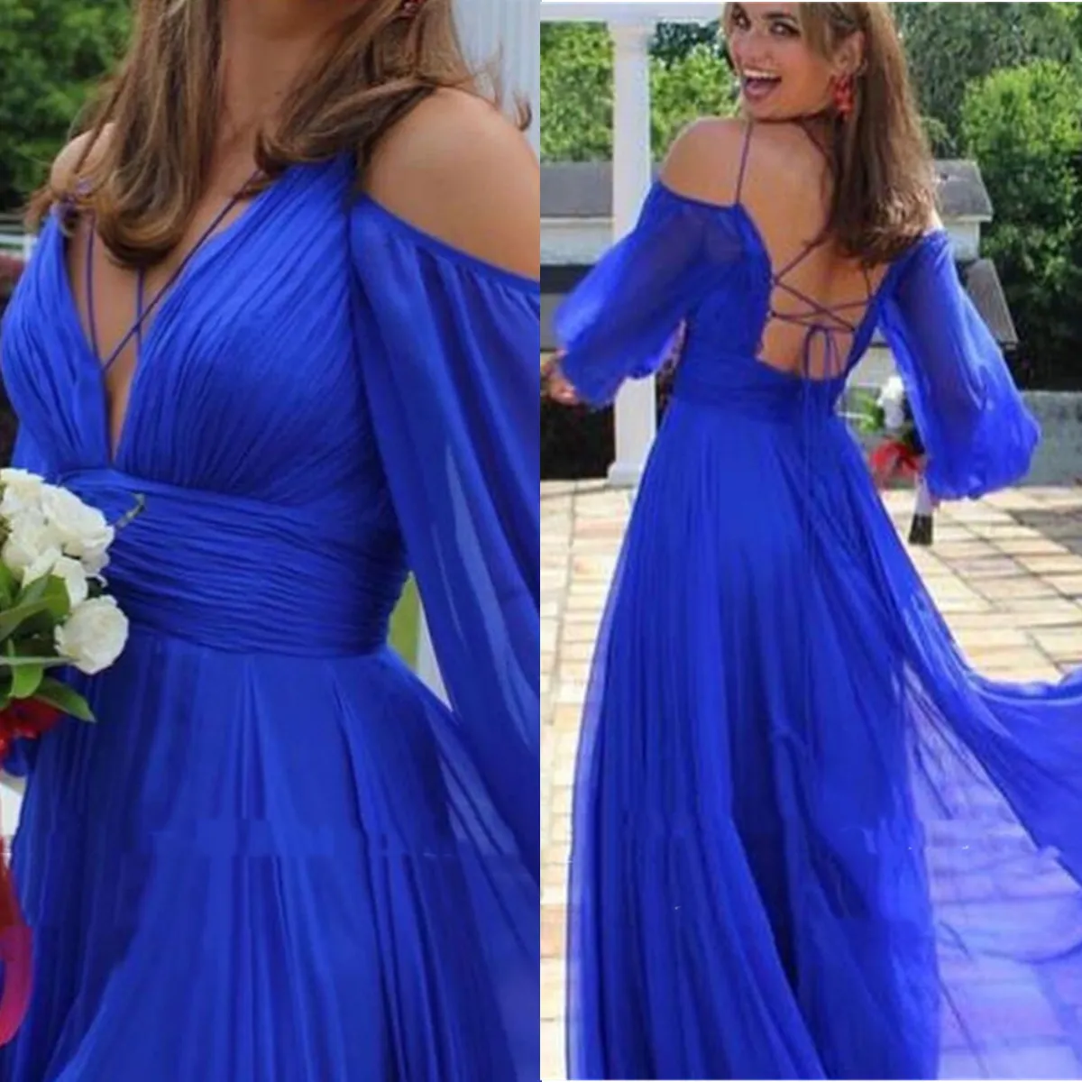 Printemps bleu royal une ligne robes de bal hors de l'épaule bouffée manches longues bretelles croisées formelles robes de soirée robes d'été femmes robe d'occasion spéciale