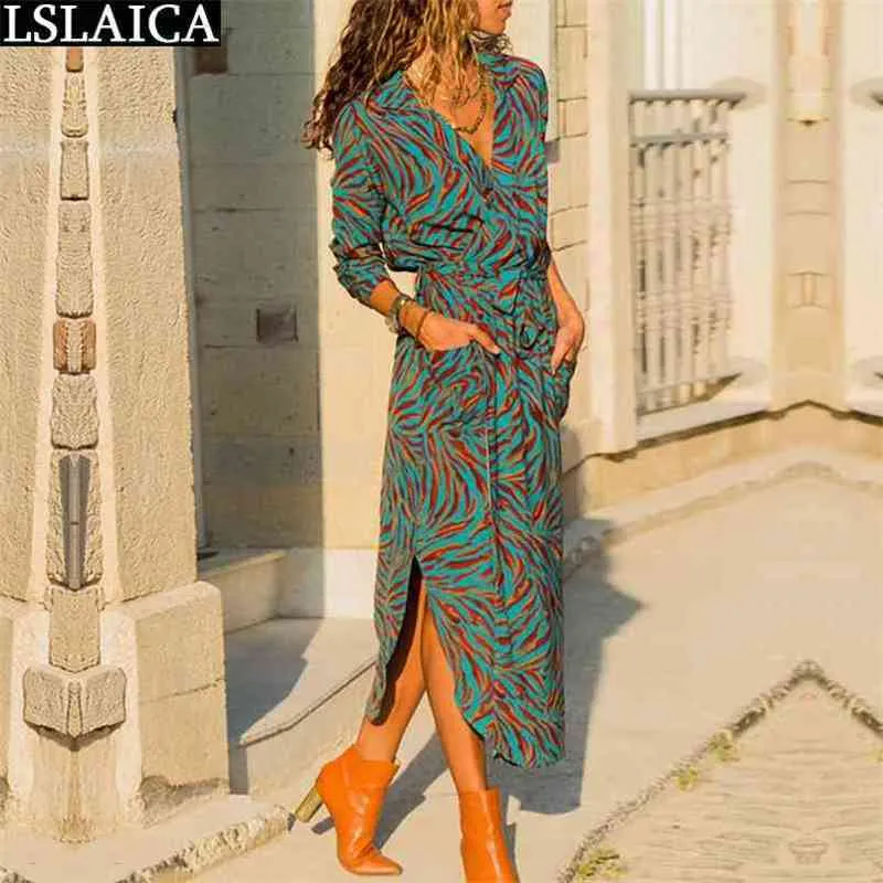 Long dress women geometric print long sleeve Deep V-neck sexy high waist Lacing up casual fashion party ladies 210515