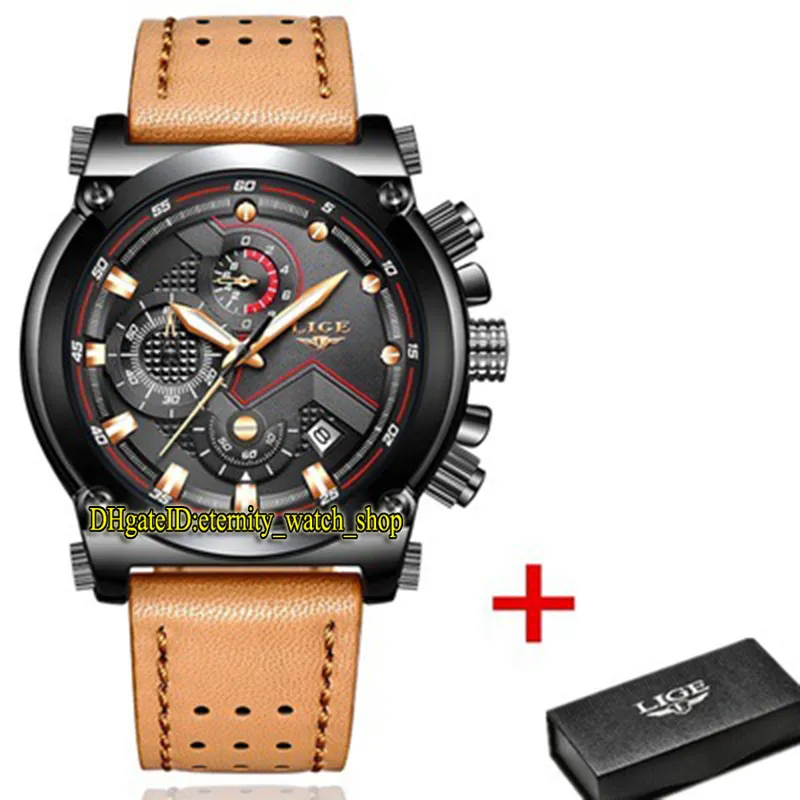 Lige evighet Lige9856 Sport Mens Klockor Datum Blacks Dial Rose Gold Pointer Japan VK Quartz Chronograph Movement Men Watch Alloy Black Case Leather Strap 22315