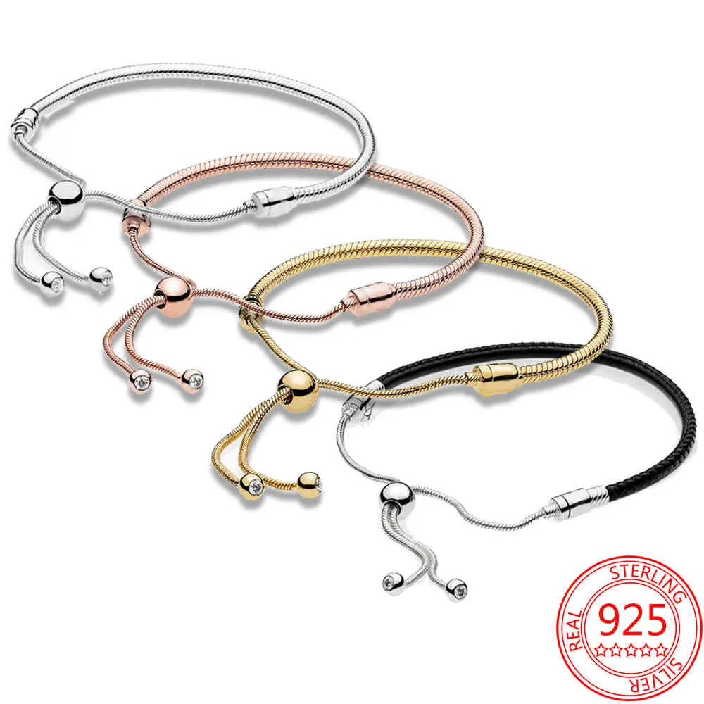 Fashion 925 Sterling Silver Snake Chain Slip Ring Retractable Base DIY Charm Basic Bracelet Ladies Gift