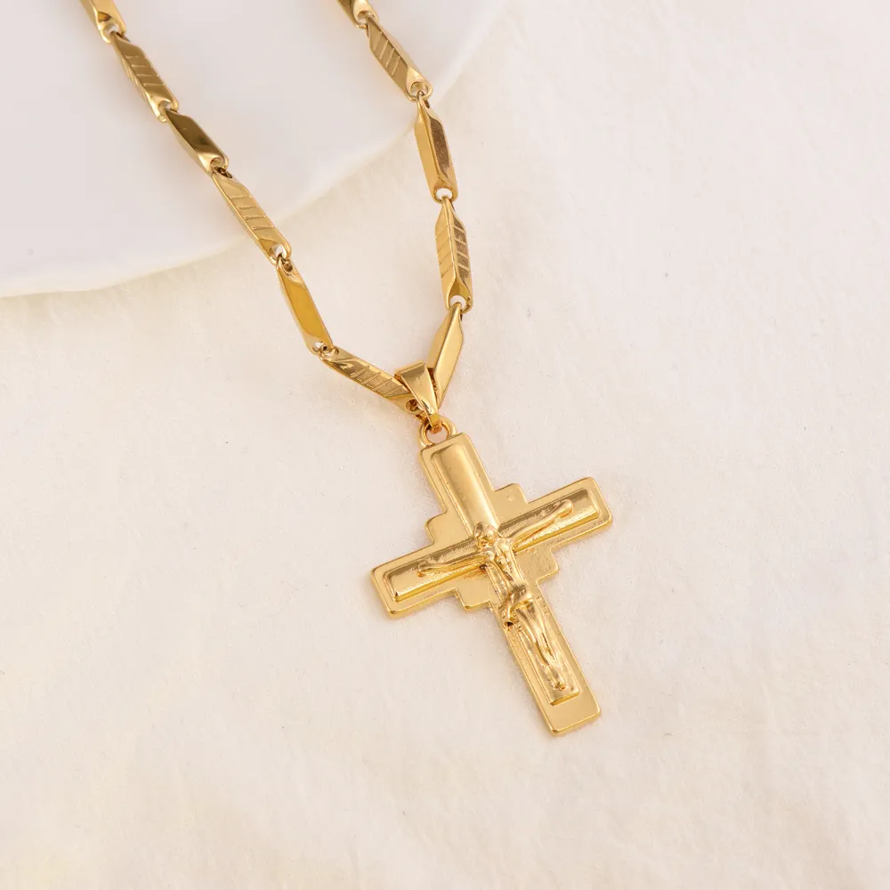 Ciondolo a croce 24 k solido oro giallo fine linee di fascini riempiti collana gioielli cristiani fabbrica Dio regalo