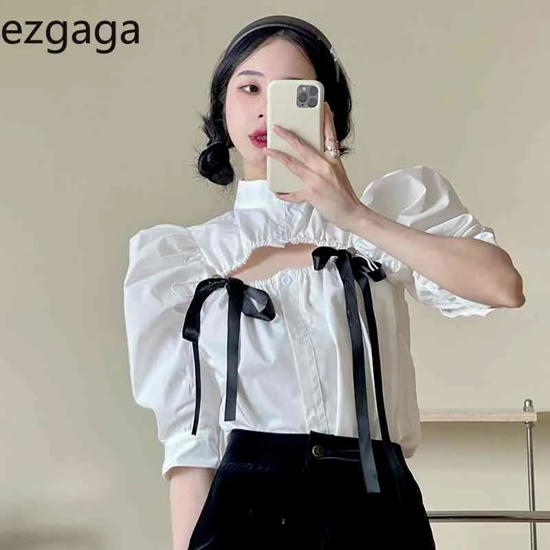 Ezgaga Sexy femmes Blouse mode coréenne manches bouffantes évider solide nœud papillon Chic été tout match femmes chemises décontracté 210430