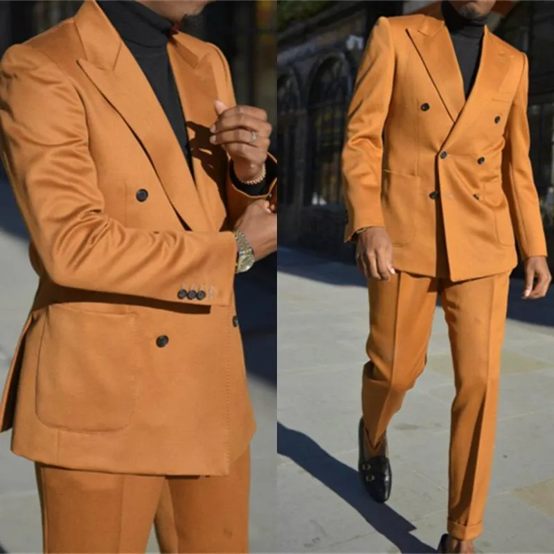 Costumes pour hommes Blazers Orange Double boutonnage Hommes Slim Fit Party Wear Deux pièces Formel Business Occasion Peaked Revers Manteau P234b