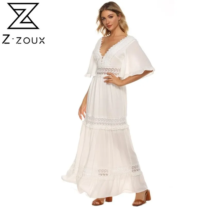 Women Dress Hollow Out V-neck Chiffon Dresses Flare Sleeve Perspective Sexy White Plus Size Clothes 210513