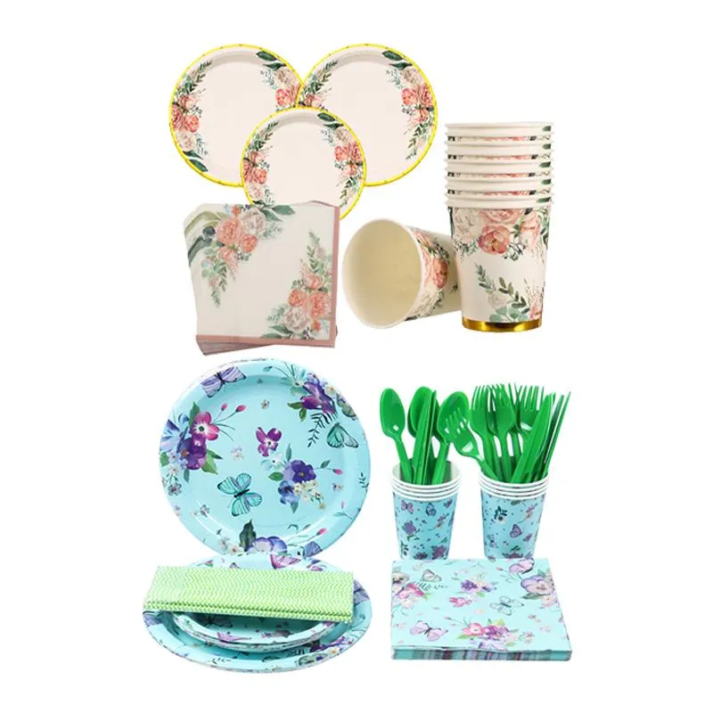 Floral Disposable Plates Blue Butterfly Flower Design Tableware Wedding