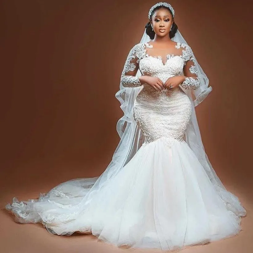 Vestidos de noiva africanos plus size 2022 apliques de renda vestidos de noiva sereia manga longa personalize tule vestido de novia