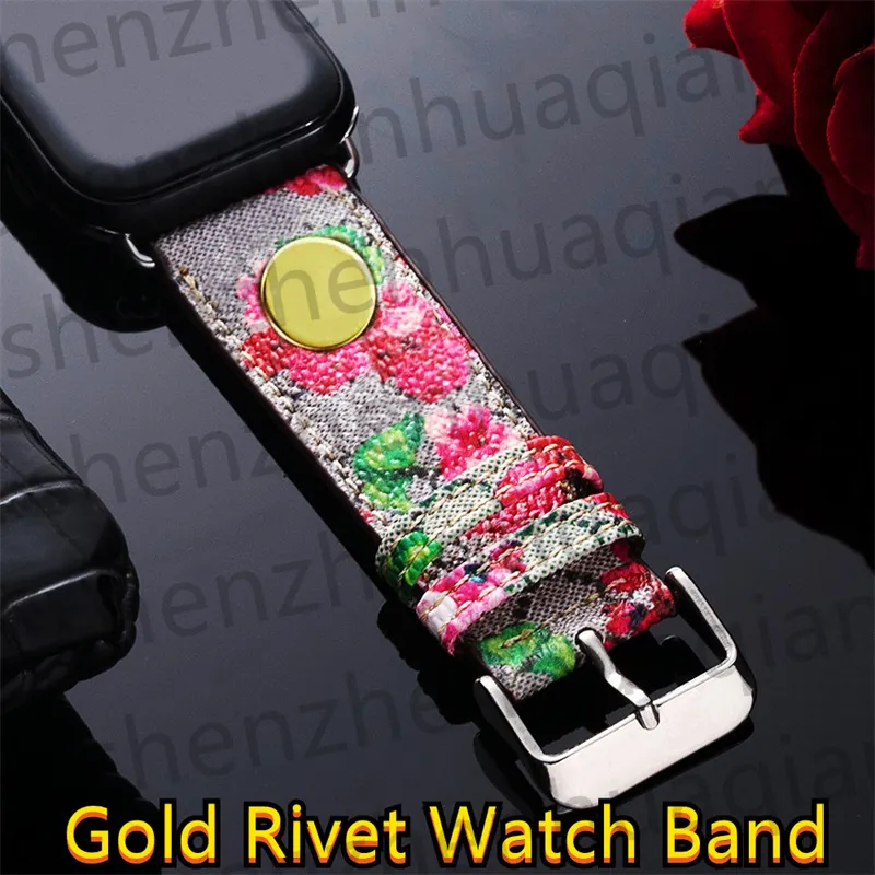 Luxury Smart Straps Watch Bands for Apple Watch Band 7 6 4 3 Serie Iwatch 41mm 45mm 44mm 40mm Strap Länkar Designer Guld Rivet Flower Wristband Mode Läderarmband