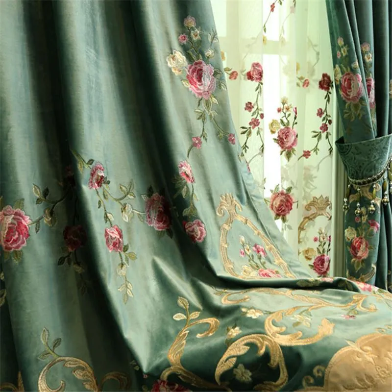 Zasłona zasłona luksusowe zielone aksamitne zasłony do salonu sypialnia wysokiej klasy haftowane kwiatowy tiulowy sheer zabieg okna