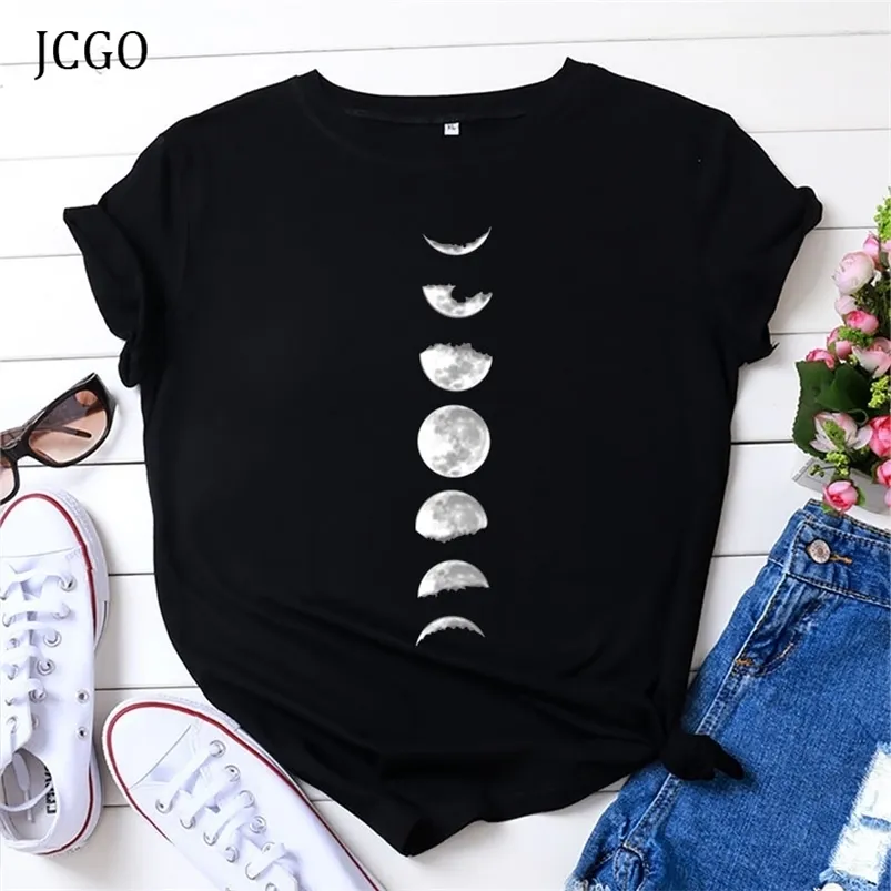 JCGO Summer T Shirt Donna 100% Cotone Moon Planet Space Stampa Plus Size S-5XL O-Collo Manica corta Moda Casual Tee Top 210623