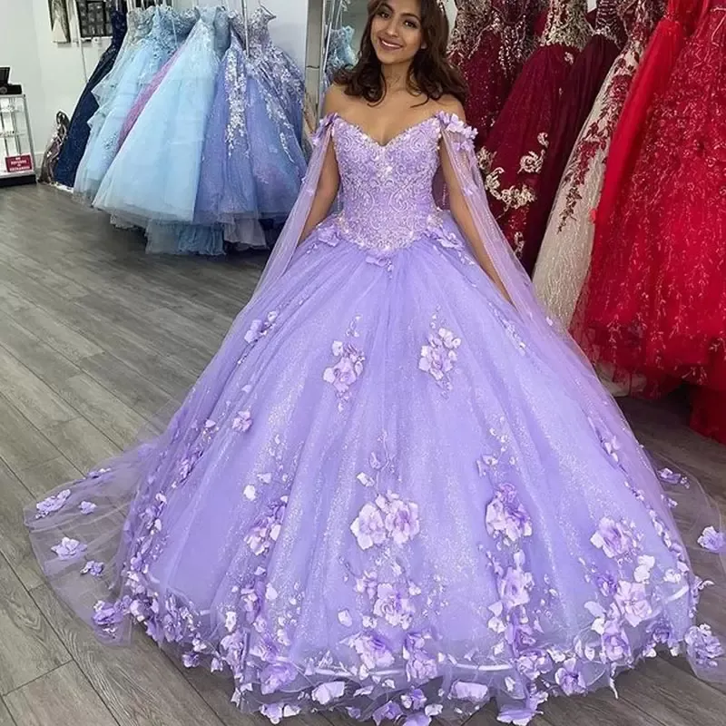 2021 Luxury Lilac Lavender Quinceanera Ball Gown Dresses Off Shoulder Lace Appliques 3D Floral Flowers Beads Long Sleeves Sweep Train Plus Size Prom Evening Gowns