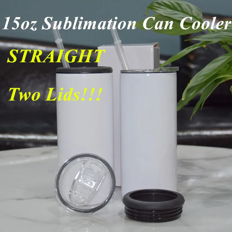 Two Lids 15oz Sublimation Can Cooler Straight Tumbler Stainless Steel Can Insulator Vacuum Insulated Bottle Cold Insulation Can