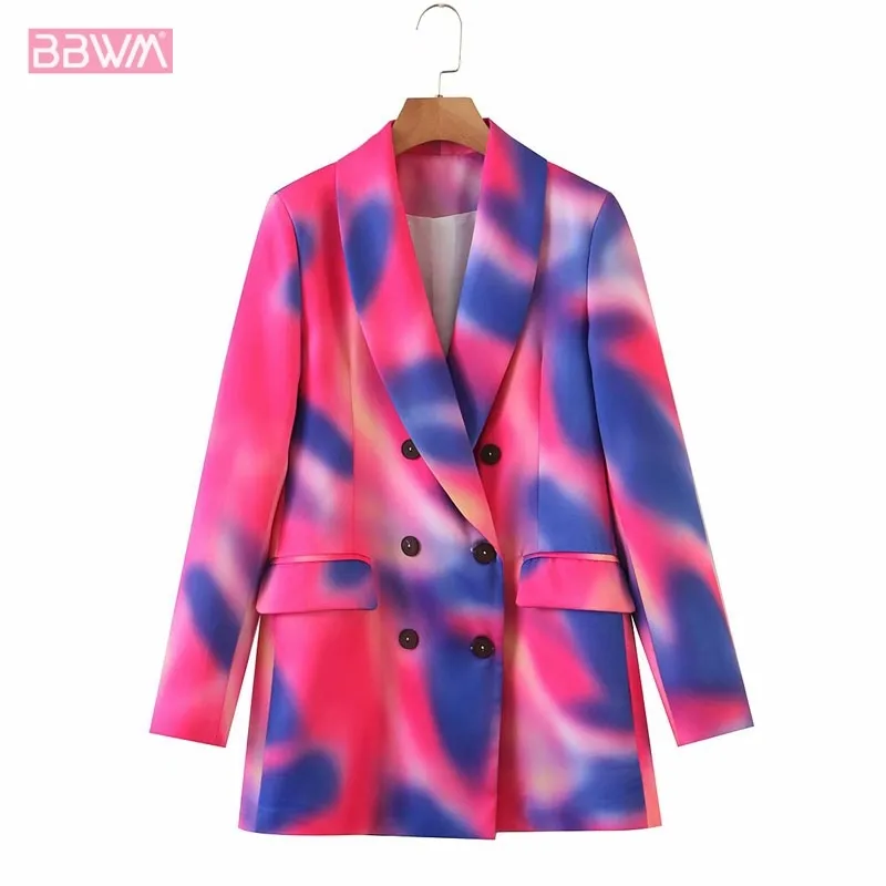 Fresh and Fashionable Slim Casual Women's Jacket Double-breasted Lapel Long-sleeved Rainbow Color Cool Chic Female Coat 210507