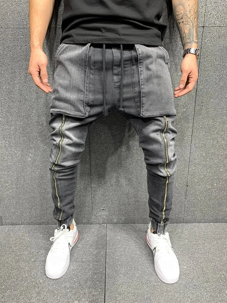Mens High Street Distressed Denim Joggers With Zipper Pocket