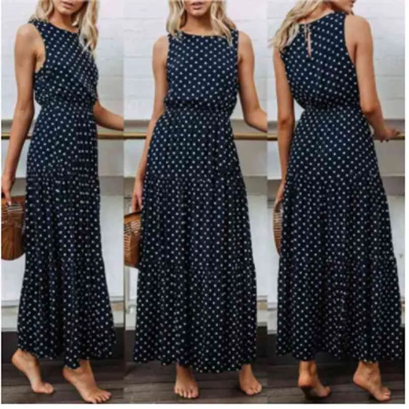 Kvinnor Klänning Bobo Mörkblå Ärmlös Holiday Polka Dot Print Long Maxi Evening Party Beachdresses Elegant Lady Sommar Sundress 210522