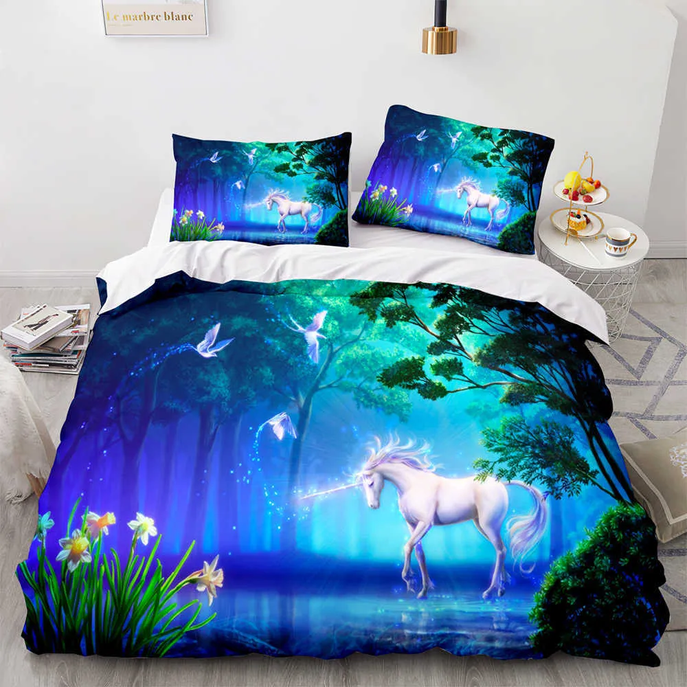 Unicorn Beddengoed Set Enkele Twin Volledige Queen King Size One-Horned Horse Bed Aldult Kid Slaapkamer Duvetcover S 3D Print 030