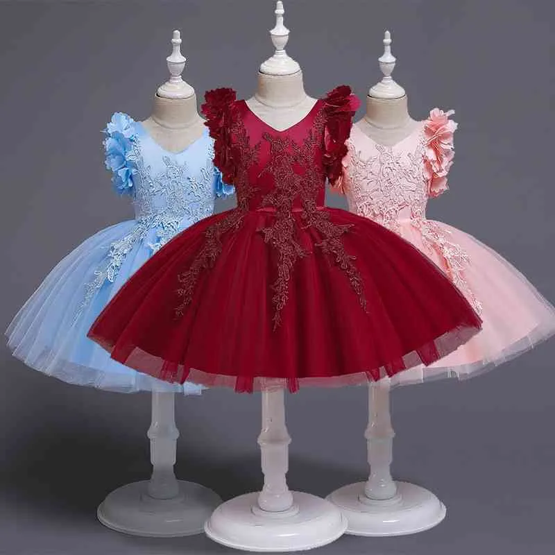 Applique Tutu di pizzo Ragazza Abito lungo Fiore Principessa Abito da festa Bambini Abiti formali Abiti per bambini per ragazze Abiti da sposa 210508