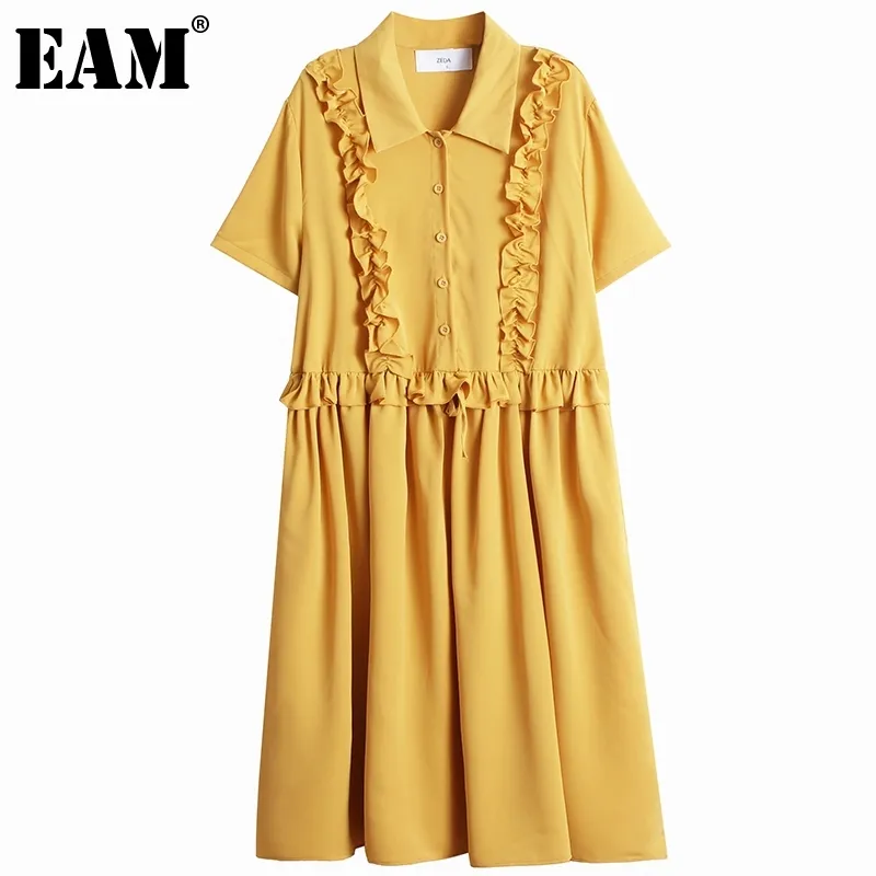[EAM]女性黄色のフリルスプライスビッグサイズシャツのドレスラペル半袖ファッション春秋1DD8660 21512