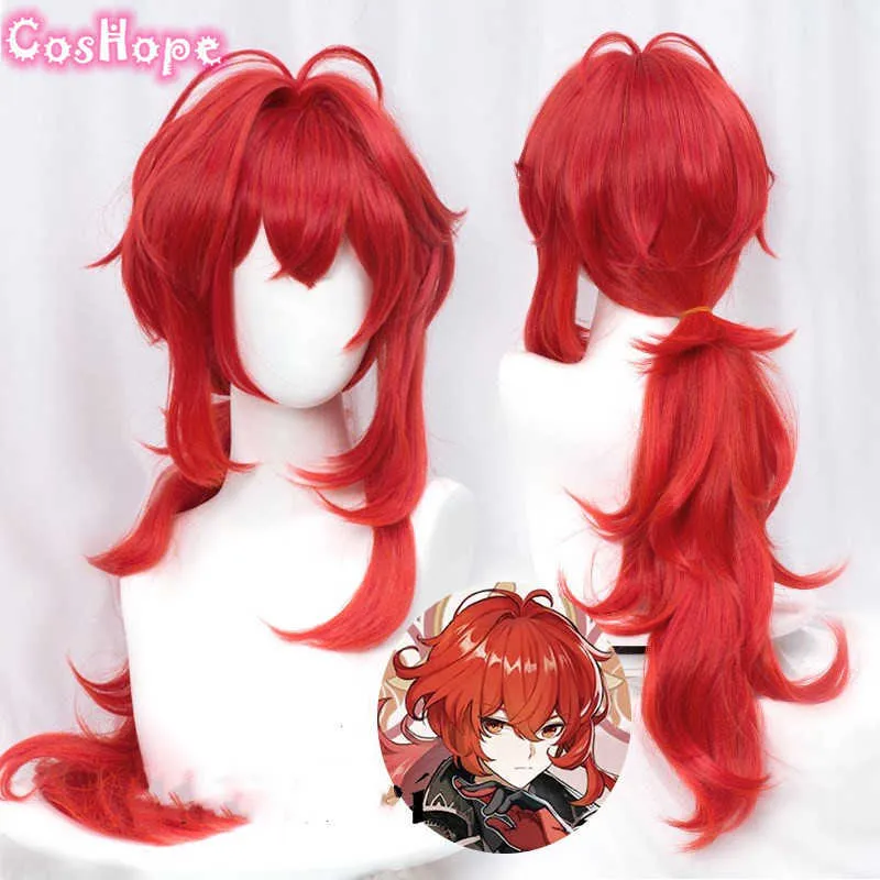 Genshin Impact Diluc Cosplay 60cm Long Red Wig Cosplay Anime Cosplay Wigs Heat Resistant Synthetic Wigs Halloween Y0903