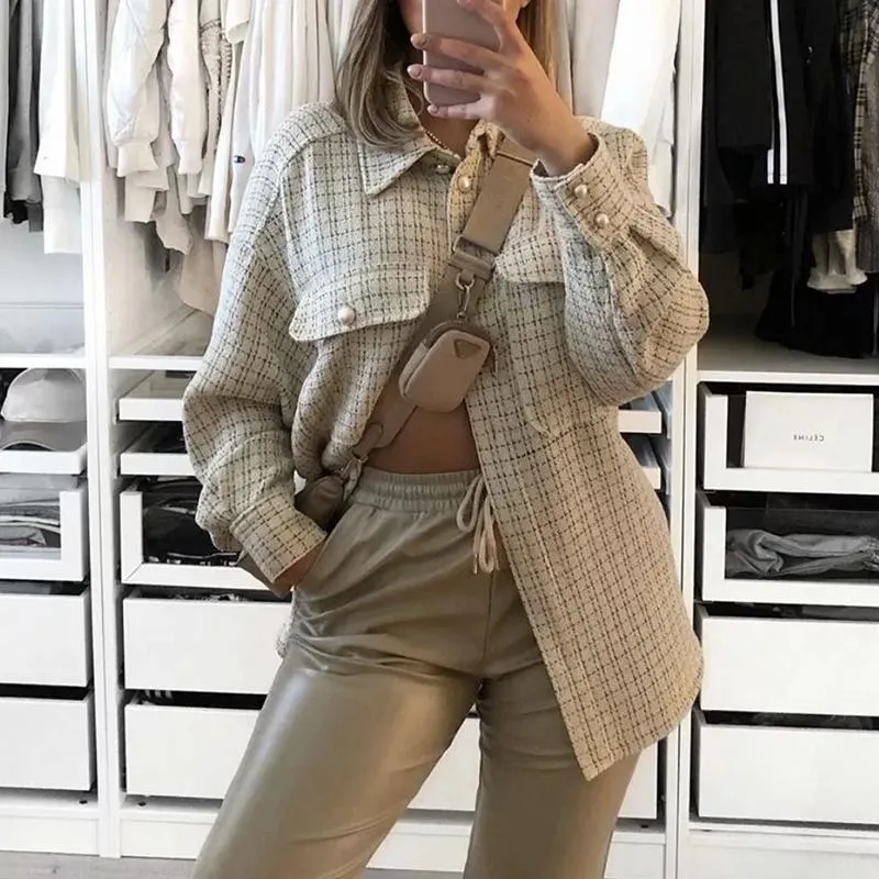 Damska wełniana mieszanki kobiety Tweed Pearl Button Fashion Pliad Koszula Kurtka Damska Dziewczyny Grube Wykręć Neck CHECK KUCHY KOSZCZENIE OUTWERAS ST