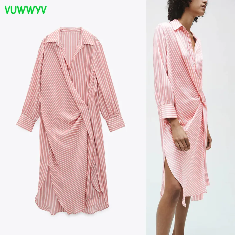 ピンクの縞模様のシャツのドレス女性夏のカジュアルな特大のMidi女性長袖収集された詳細ボタンUp Vestidos 210430