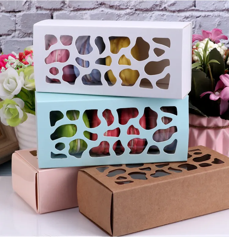Ciasto Hollow Out Storage Paper Box Solid Color Pakiet Pobierz Prostokąt Pudełka Macaron Cake Chocolate Case Case Kitchen Home Supplies BH5223 Wly