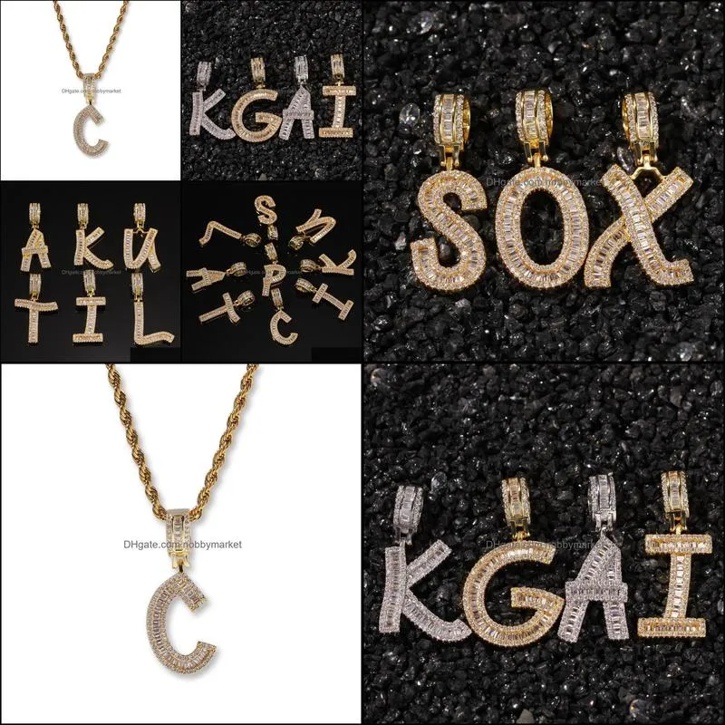 Hip Hop Micro Paved Square CZ Cubic Zirconia Bling Iced Out Letter Pendants Necklace for Men Rapper Jewelry Gold Silver Necklace
