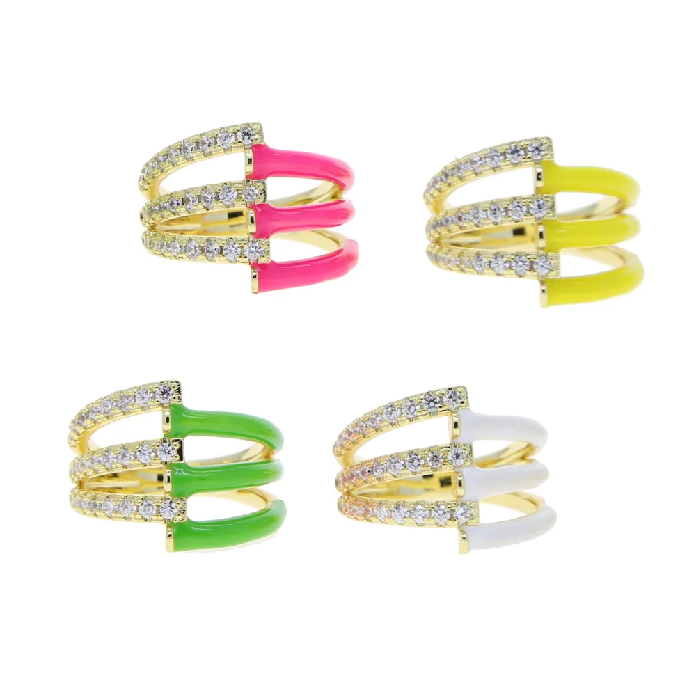 2021 Spring Design Kleurrijke Dames Vinger Sieraden Gouden Kleur CZ Half Enamel Geometrische Bar Multi Layer Ring