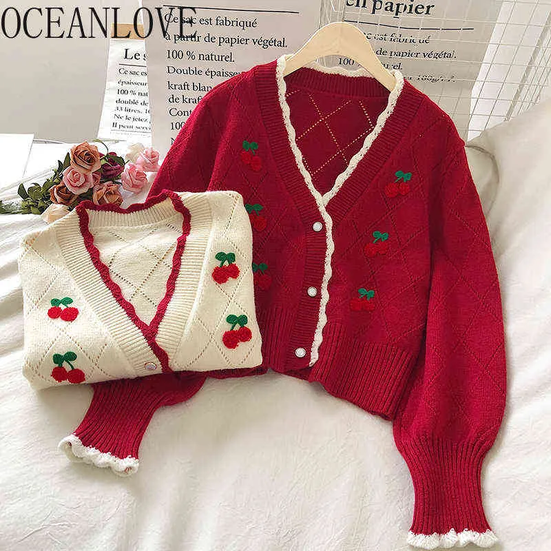 OceanLove broderade cardigans sticka slitage söt puff ärme kort mujer chaqueta autum vinter v nacke cherry sweaters kvinnor 18958 211217