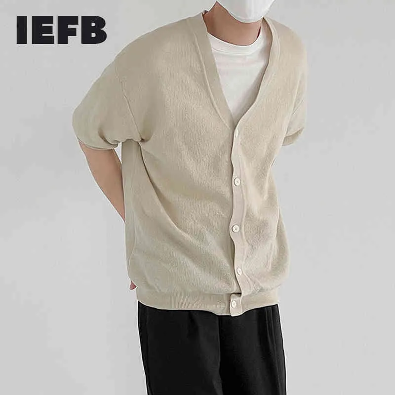 IEFB Cardigan a maniche corte Cappotto estivo da uomo Maglione sottile Slim Semplice scollo a V Tinta unita Tendenza coreano maschile Clothign 9Y7584 210524