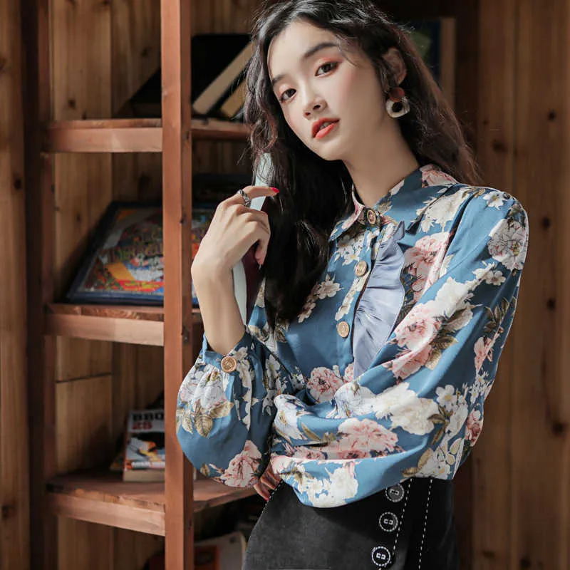 Solapa con volantes retro linterna manga top diseño de mujer sentido nicho camisa impresa primavera y otoño largo 210527