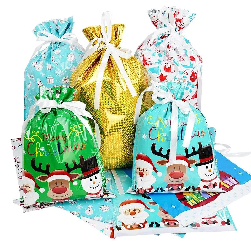 43*29/32*24 cm PVC cordon joyeux noël père noël cadeaux sacs grand or argent marchandises biscuits bonbons emballage sac