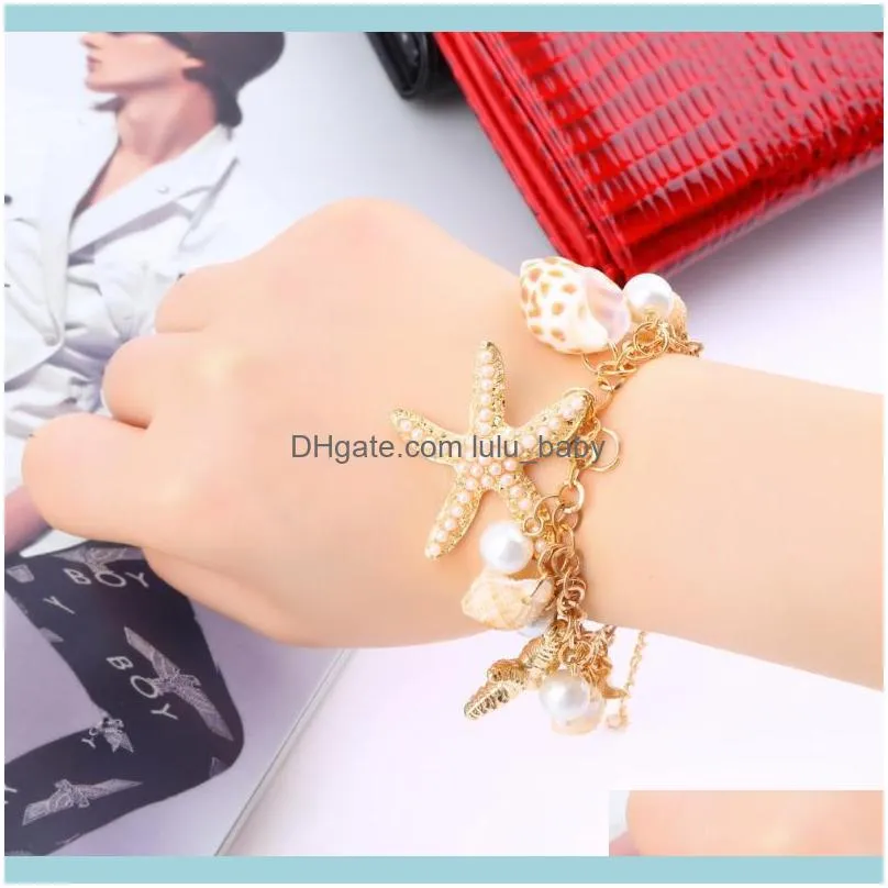 Charm Bracelets Women Fashion Ocean Style Multi Starfish Sea Star Conch Shell Simulated-Pearl Chain Beach Bracelet Bangle Novelty