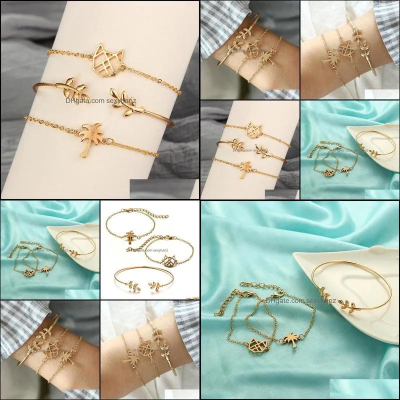 Fashion 3pcs/set Bangle Bracelet Metal Women Cat Cute Fairy Classic Light Yellow Gold Color Bracele For Jewelry