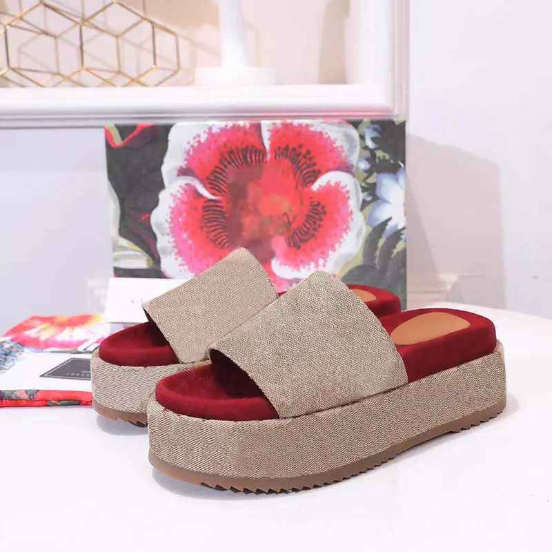2022 Designer Denim 60mm Height Sandals Beige Canvas Slippers Wide Strap Set on Platform with Rubber Sole Brick Red Original Slide Sandal