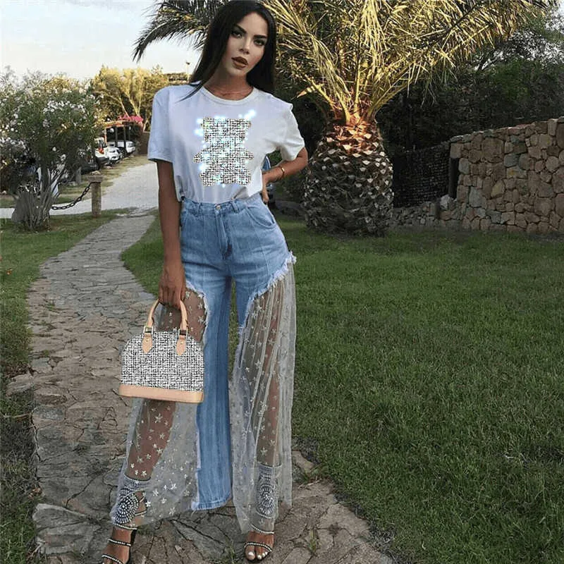 Casual dentelle maille paillettes étoiles épissé jeans femmes sexy déchiré bavure tansparent taille haute jeans élégant denim jambe large pantalon long 210709