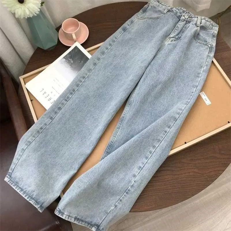 Lichtblauwe denimbroek Vintage brede beenbroek vrouwen Koreaanse rechte lange broek hoge taille casual los met riem herfst 211104