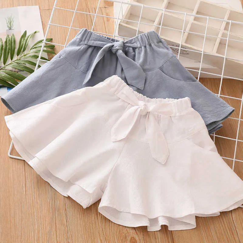 Verão Design Casual 3 4 5 6 7 8 9 10 12 Anos Algodão Branco Azul Curto Culottes Bow Shorts Para Crianças Baby Girl 210529