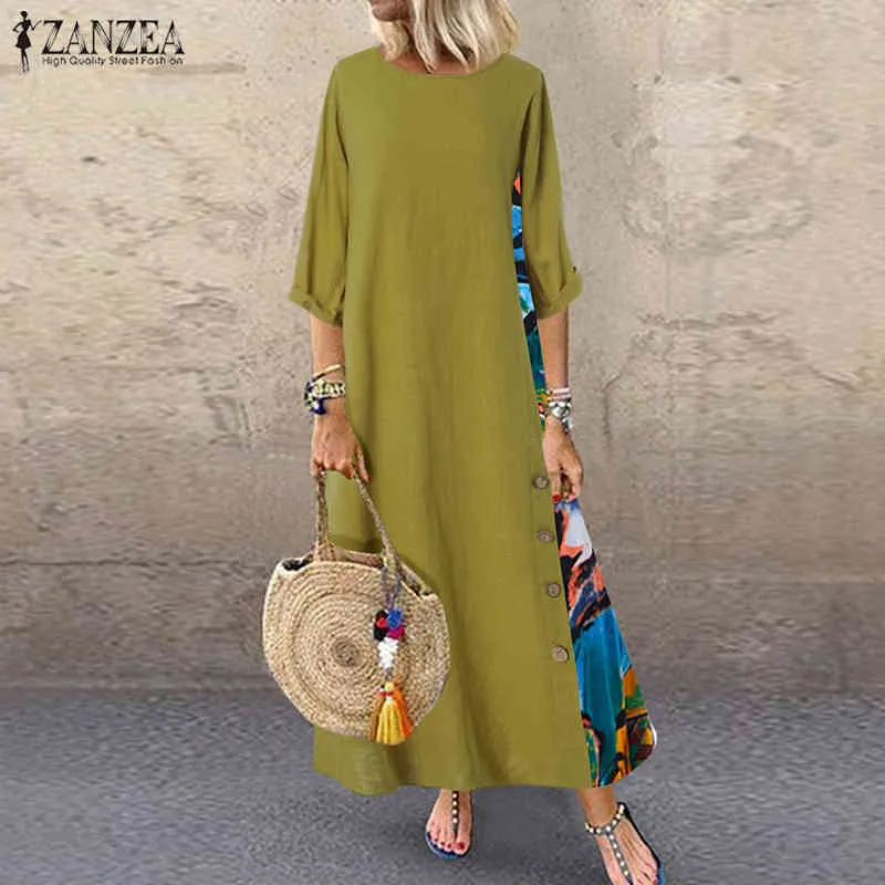 Vestido de costura vintage Maxi Maxi Sundress Zanzea 2021 Casual 3/4 Sleeve Verão Vestidos Feminino O Pescoço Veste Floral Plus Size X0521