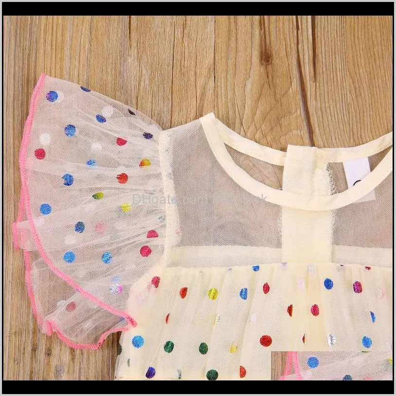 Baby Kid Girl Short Sleeve Mesh Dress With Colorful Polka Dot Pattern Printing Ruffle Decoration Summer Clothing 1-3Years Girl`s