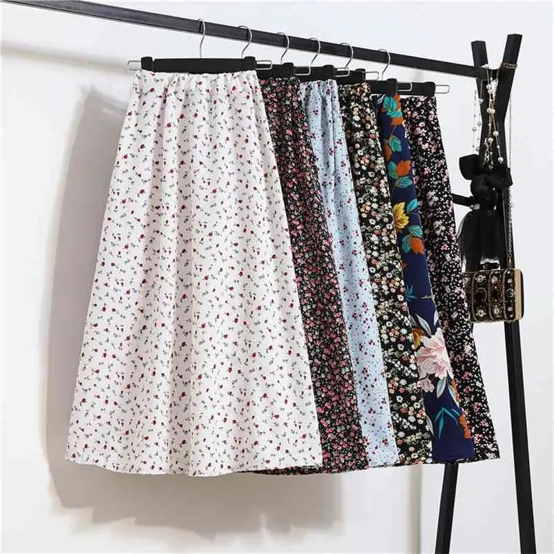 Summer Rokken Vintage Floral Print Chiffon A-link Elastische Hoge Taille Casual Midi Clothes Jupe Plus Size 210621
