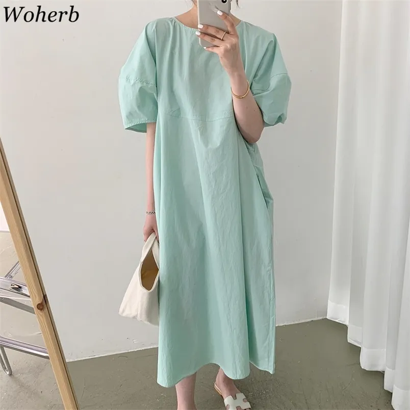 Korean Solid Women Long Dress Summer Puff Sleeve O-neck Casual All Match Shirt Dresses Fashion Vintage Vestidos 210519