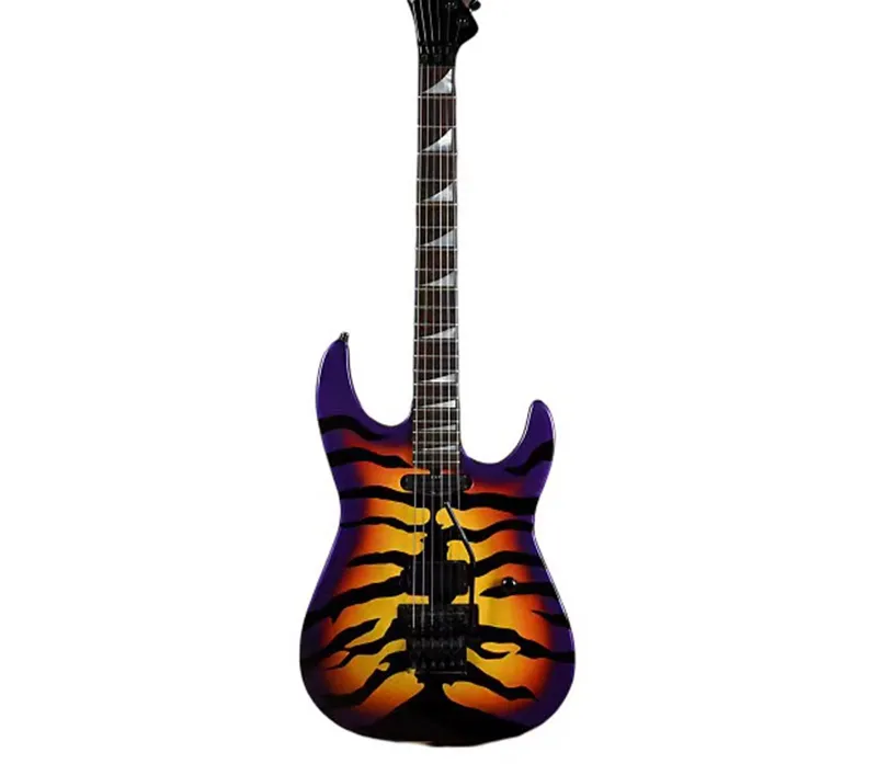 Japan George Lynch Tiger Stripe Sunburst Purple Red Yellow Electric Guitar Ebony Fingerboard, Dot Inlay, Floyd Rose Tremolo Bridge, Whammy Bar, Black Hardware