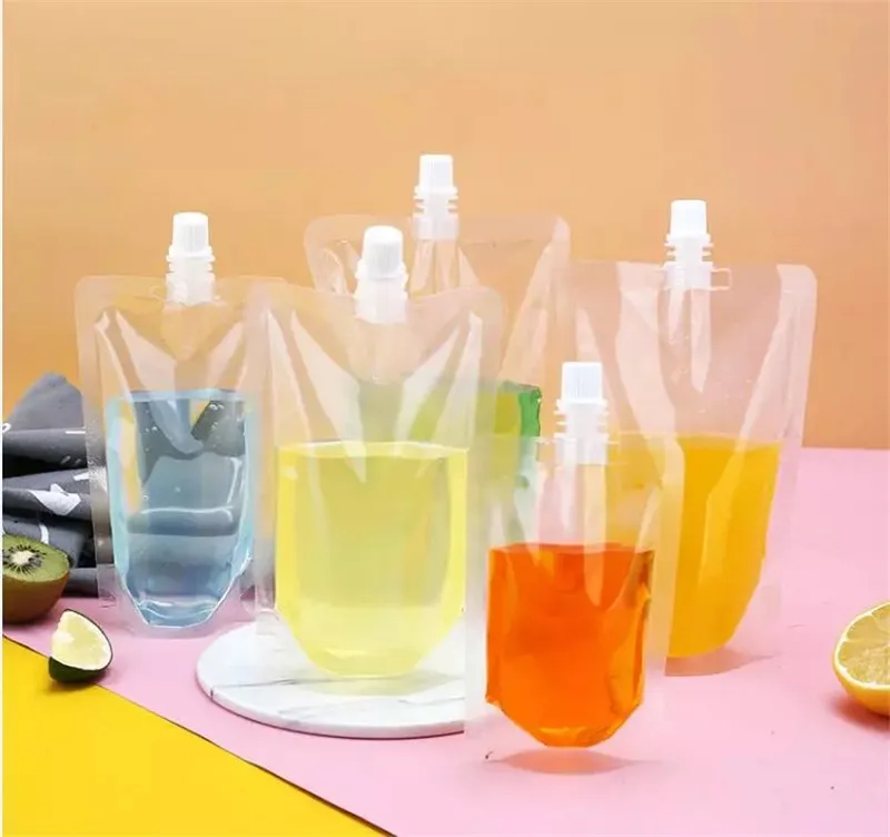 100ml-500ml Stand Up Plástico Bolsa de bico de embalagem para bebidas para bebidas de leite de leite para festas de bebidas com bocal
