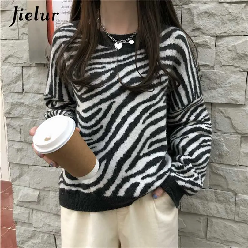 Jielur O-Neck Women's Sweater Loose Pullovers Ladies Soft Striped Zebra Chic Korean Knitted Sweaters Casual Tops Winter Harajuku 211018