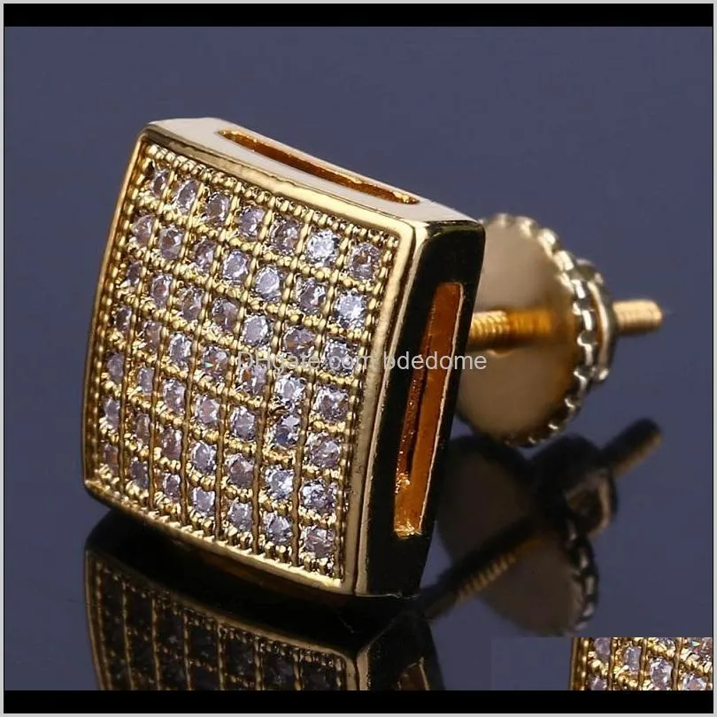 mens hip hop stud earrings jewelry new fashion gold silver simulated diamond square earrings for men