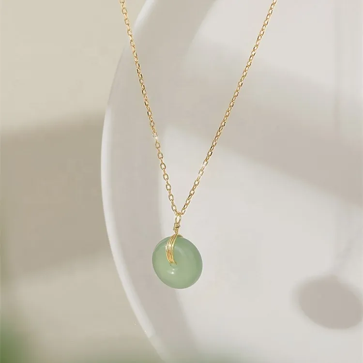 Whole S925 Guldpläterad Sterling Sier Round Jade Pendant Choker Halsband