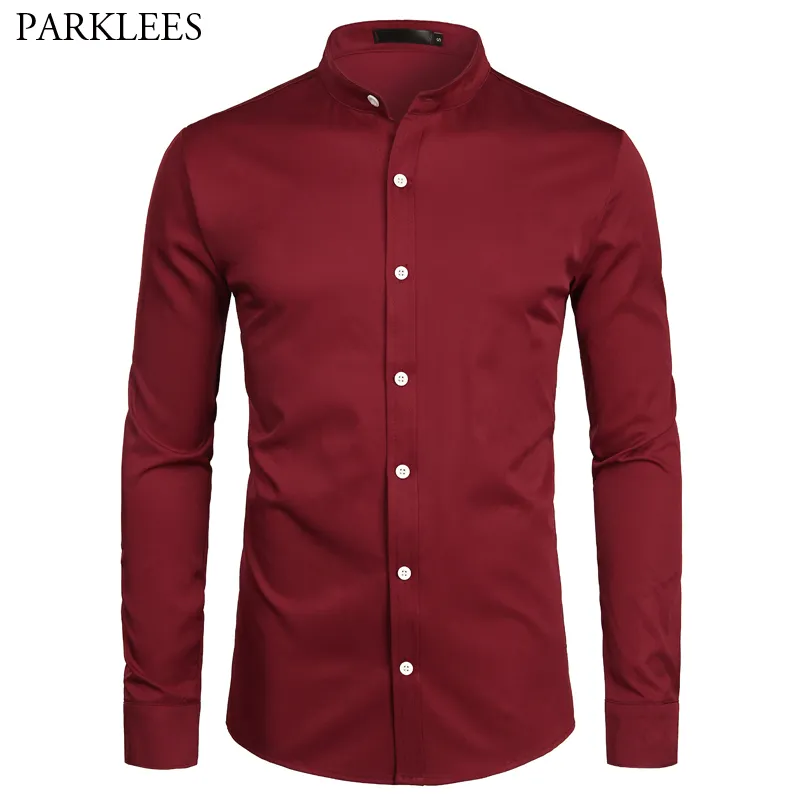 Wijn rood slim fit jurk shirts heren merk banded kraag lange mouw chemise homme casual button down shirt voor busienss mannen s-2xl 210522