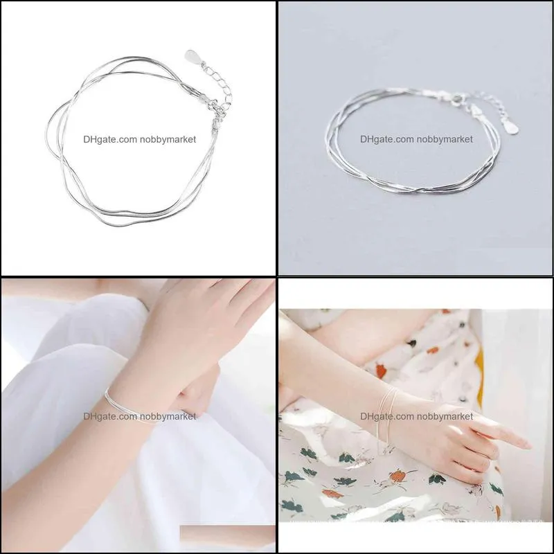 S925 Sterling Silver Bracelet women`s design Korean version simple personalized hand adornment three layer jewelry